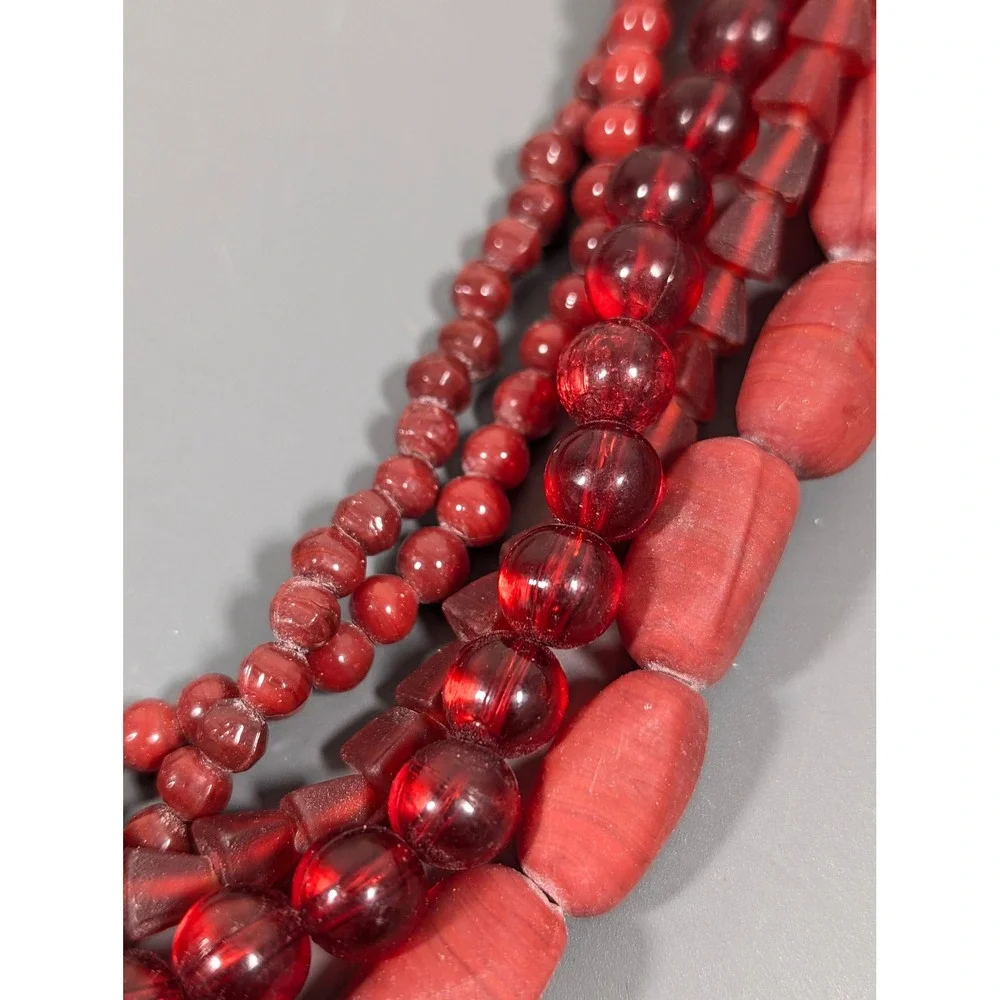 Red Glass Multi Strand Statement Necklace Frosted Beaded Layered‎ 22